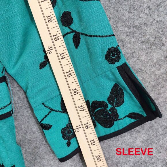 Silkland Embroidered Jacket Large Teal Green 100% Silk Floral Blazer Belted - Picture 6 of 10